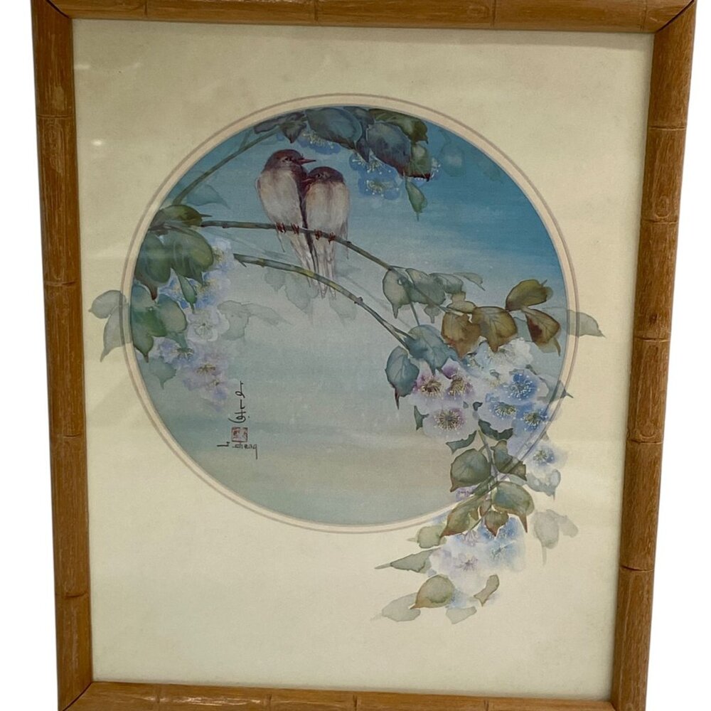 J Cheng Framed Signed Asian Bird Print Bamboo Frame Floral Watercolor